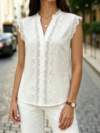 Blusa Branca Elegante Francesa de Alta Qualidade com Patchwork de Renda para Primavera/Verão, Escritório, Trabalho e Festa