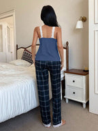  Pijama Feminino de Malha Regata e Calça Xadrez