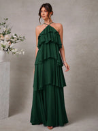 L'Amorae Elegante Vestido Longo Chiffon Romântico de Convidada de Casamento com Decote Halter e Babados