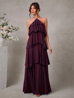 L'Amorae Elegante Vestido Longo Chiffon Romântico de Convidada de Casamento com Decote Halter e Babados