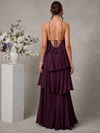 L'Amorae Elegante Vestido Longo Chiffon Romântico de Convidada de Casamento com Decote Halter e Babados