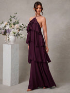 L'Amorae Elegante Vestido Longo Chiffon Romântico de Convidada de Casamento com Decote Halter e Babados