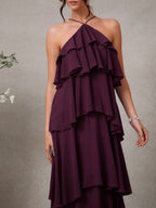 L'Amorae Elegante Vestido Longo Chiffon Romântico de Convidada de Casamento com Decote Halter e Babados