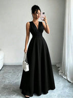 Vestido Longo Sem Manga Feminino Decote V Cintura Franzida Convidada Festa 