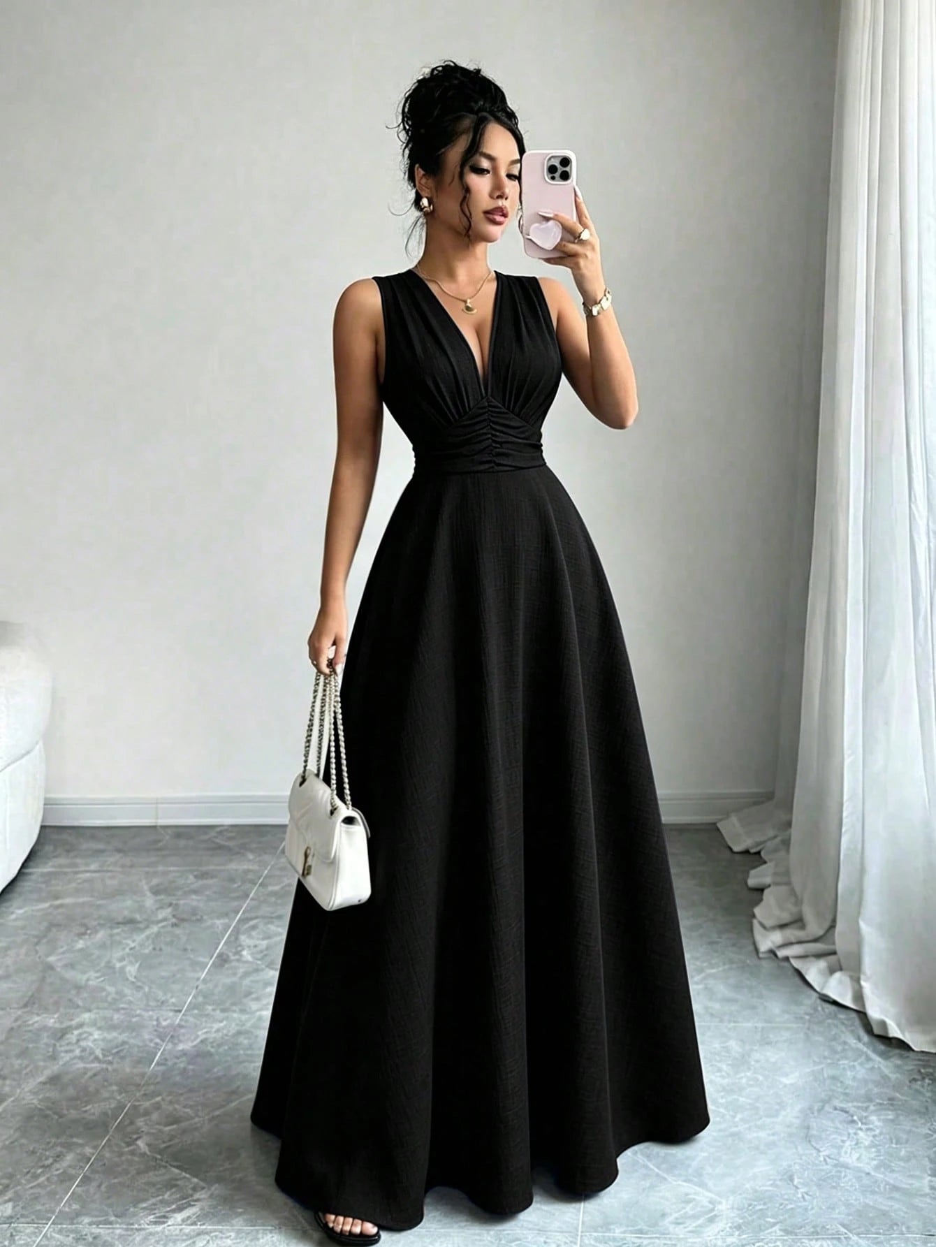 Vestido Longo Sem Manga Feminino Decote V Cintura Franzida Convidada Festa 