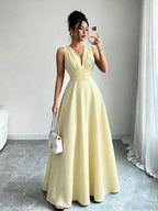 Vestido Longo Sem Manga Feminino Decote V Cintura Franzida Convidada Festa 