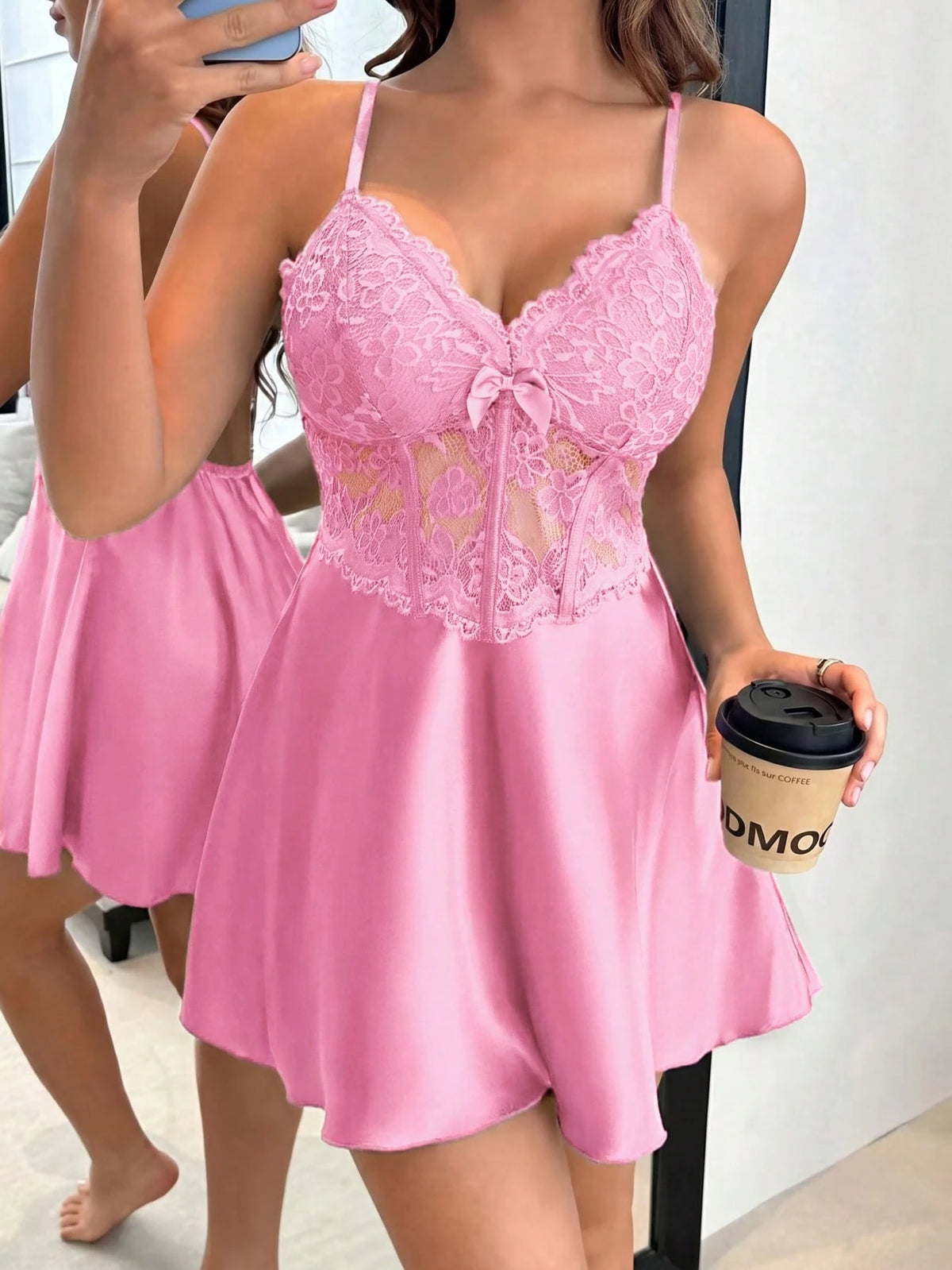 Dream Adore Vestido Slip Feminino com Decoração de Laço em Cetim Falso de Seda, Renda e Espinha de Peixe, Sexy e Maduro