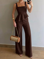 Firerie Conjunto Feminino Elegante Minimalista de Moda Diária Moderna para Trabalho Primavera/Verão, Cor Sólida Cáqui, Tecido Texturizado, Regata Ajustada Sem Mangas com Cintura Marcada e Calça Pantalona, Look de Professora, Old Money, Roupa de Escritório