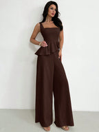 Firerie Conjunto Feminino Elegante Minimalista de Moda Diária Moderna para Trabalho Primavera/Verão, Cor Sólida Cáqui, Tecido Texturizado, Regata Ajustada Sem Mangas com Cintura Marcada e Calça Pantalona, Look de Professora, Old Money, Roupa de Escritório