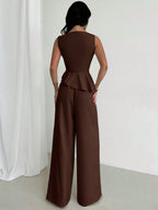 Firerie Conjunto Feminino Elegante Minimalista de Moda Diária Moderna para Trabalho Primavera/Verão, Cor Sólida Cáqui, Tecido Texturizado, Regata Ajustada Sem Mangas com Cintura Marcada e Calça Pantalona, Look de Professora, Old Money, Roupa de Escritório