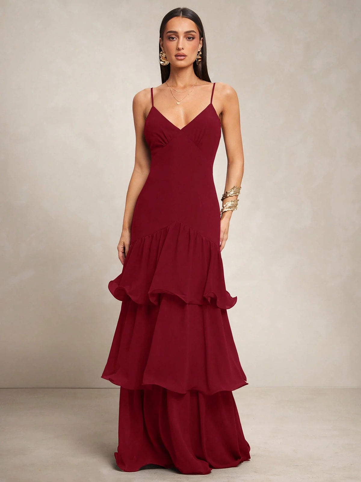 Silquee Vestido Elegante de Alça Fina com Bainha Camadas para Banquete/Encontro
