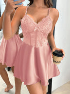 Dream Adore Vestido Slip Feminino com Decoração de Laço em Cetim Falso de Seda, Renda e Espinha de Peixe, Sexy e Maduro