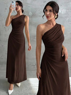 Vestido Longo Feminino Um Ombro Só Forrado Elegante Para Convidada