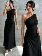 Vestido Longo Feminino Um Ombro Só Forrado Elegante Para Convidada