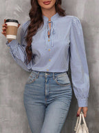 Camisa Feminina Elegante com Laço e Botões Texturizada 100% Algodão