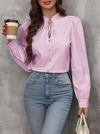 Camisa Feminina Elegante com Laço e Botões Texturizada 100% Algodão