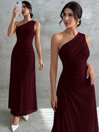 Vestido Longo Feminino Um Ombro Só Forrado Elegante Para Convidada