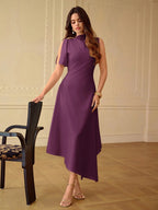 Vestido Midi Feminino Elegante Bainha Assimétrica com Detalhe no Ombro