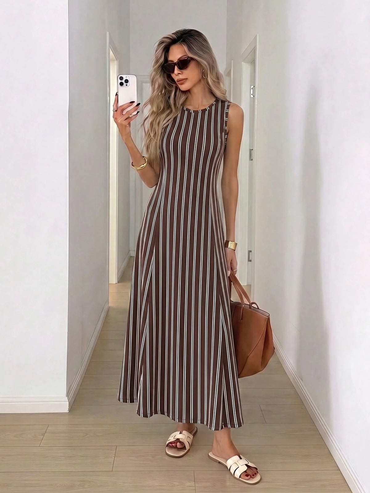 Vestido Longo Verão Listrado Sem Mangas