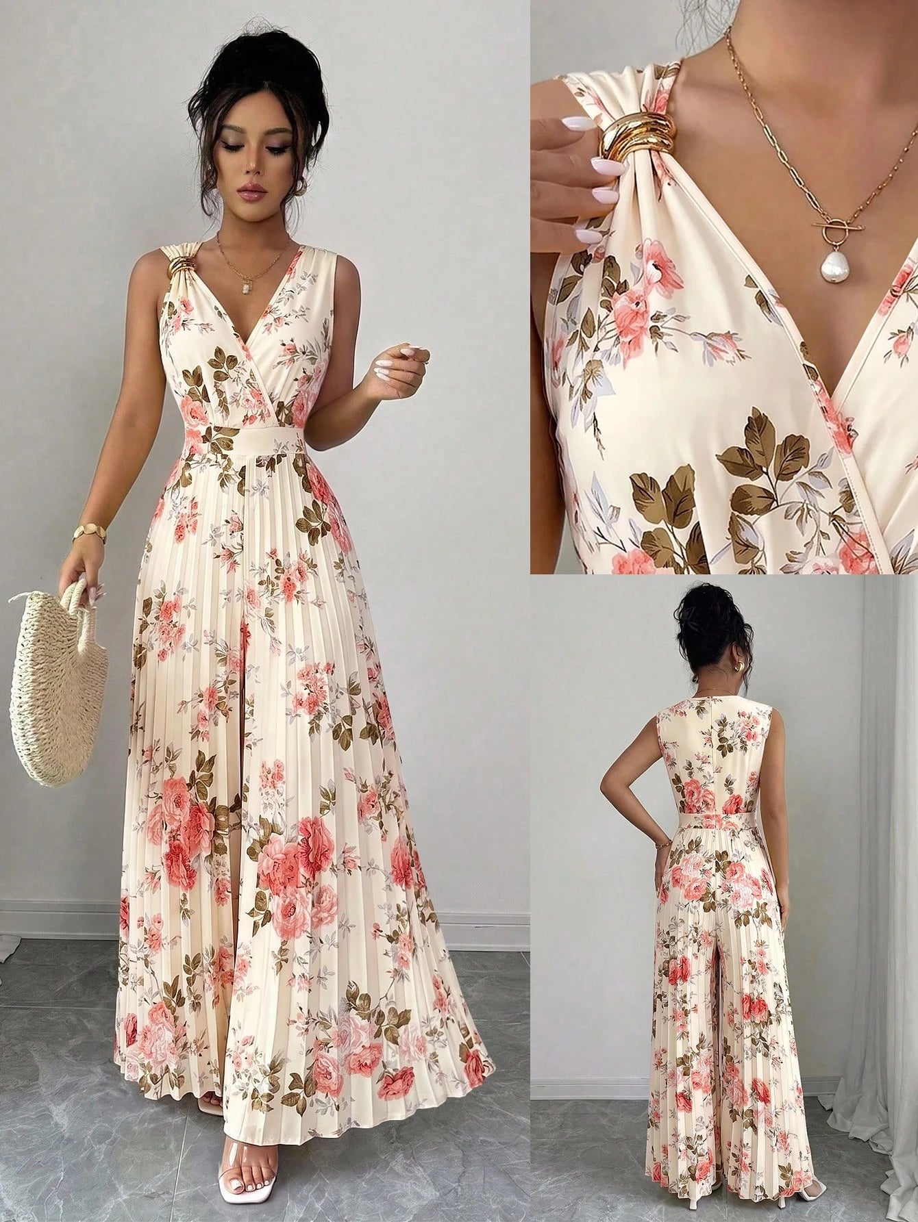 Macacão Sem Manga Feminino Plissado Elegante Decote V