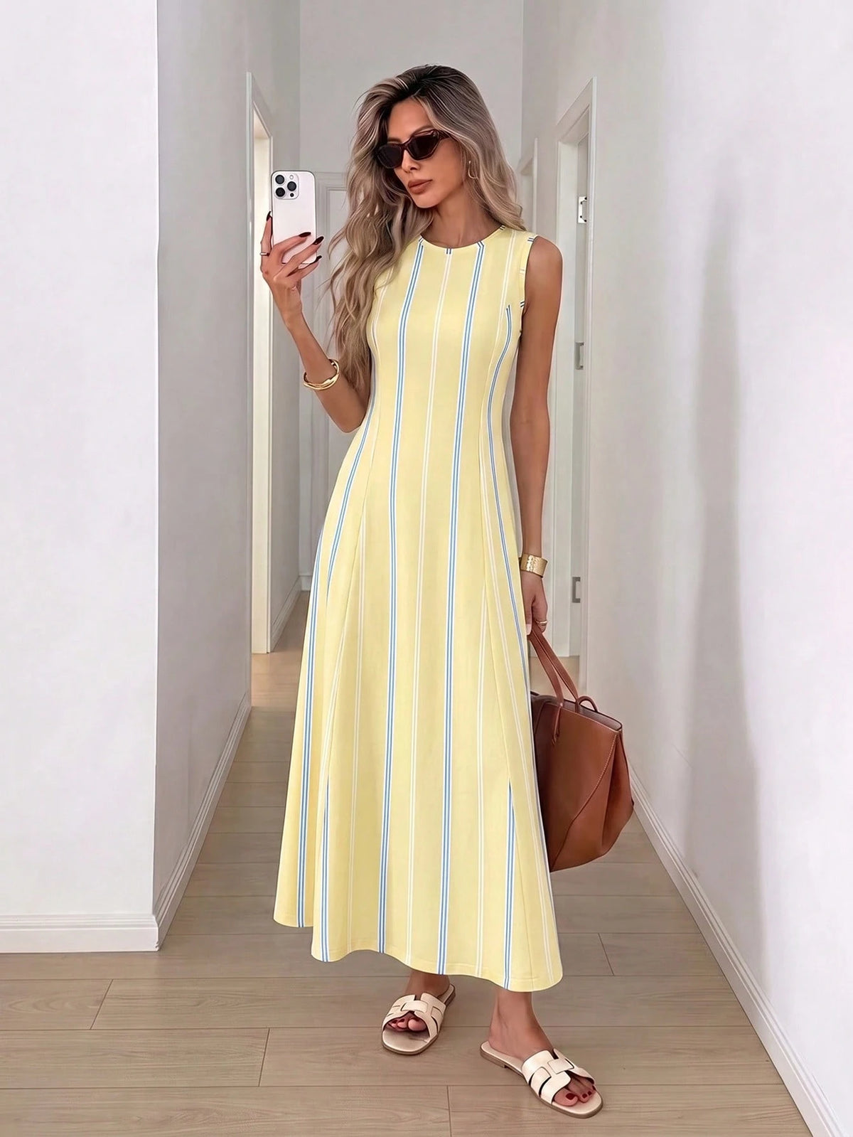 Vestido Longo Verão Listrado Sem Mangas