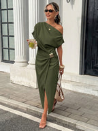 Serisse Vestido Longo Elegante com Decote Assimétrico e Decoração de Metal em Cor Sólida para Mulheres