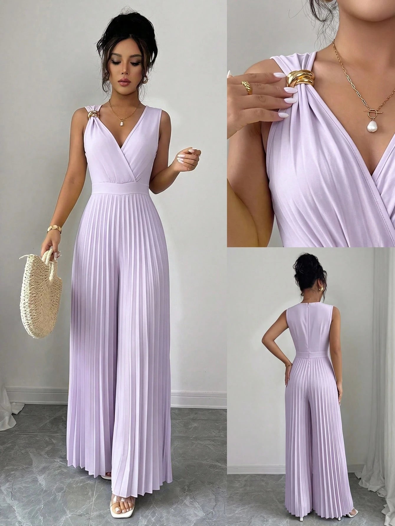 Macacão Sem Manga Feminino Plissado Elegante Decote V