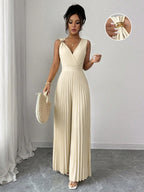 Macacão Sem Manga Feminino Plissado Elegante Decote V