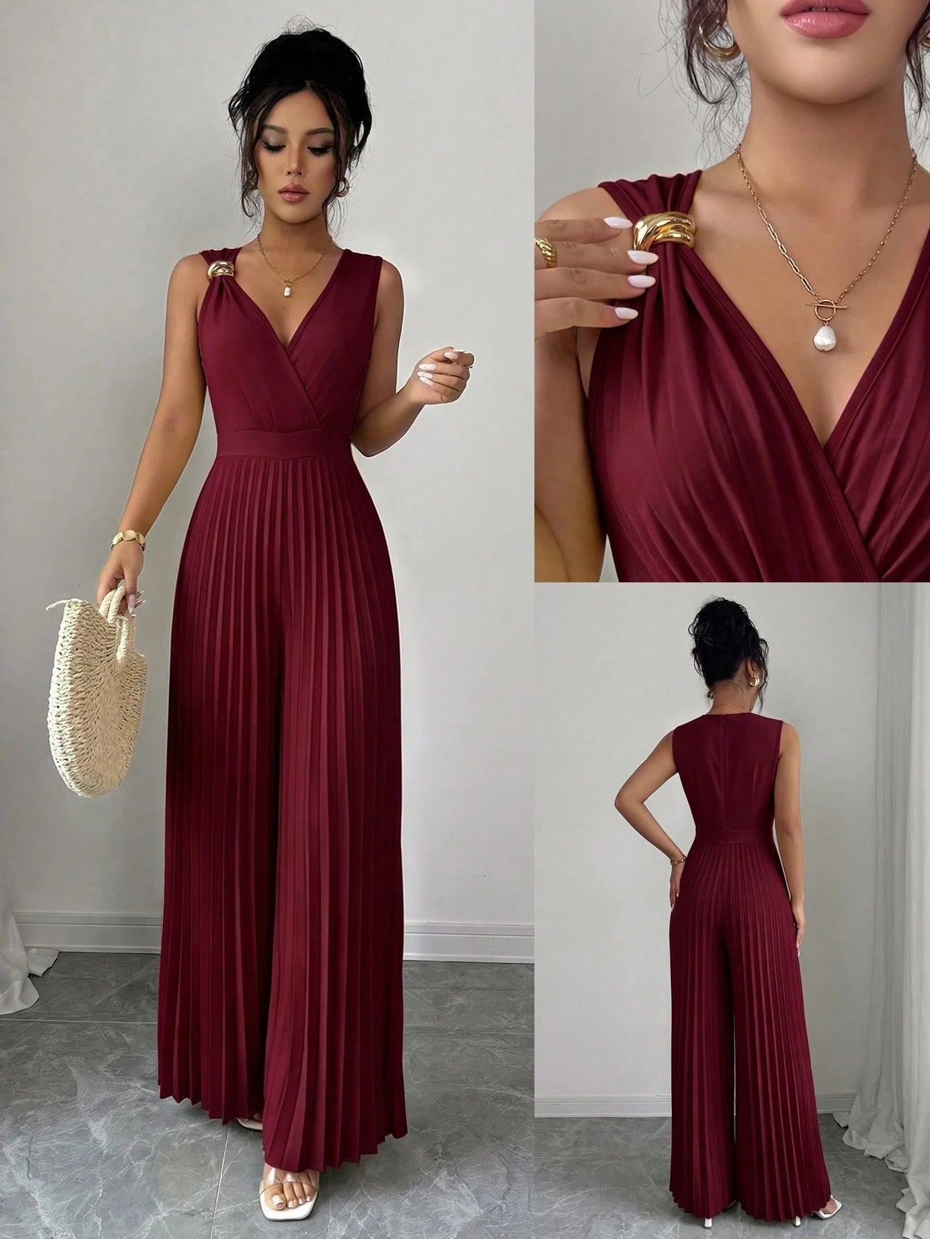 Macacão Sem Manga Feminino Plissado Elegante Decote V