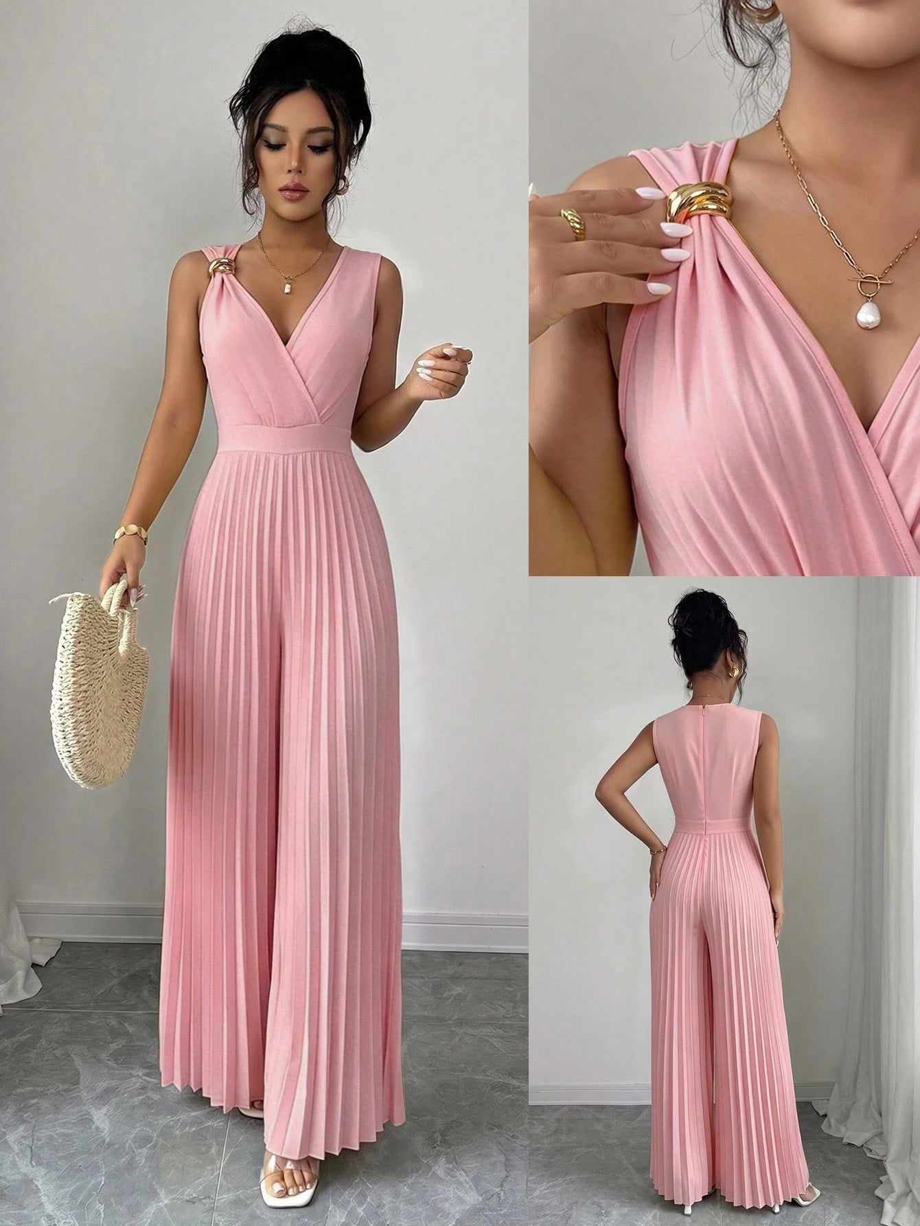 Macacão Sem Manga Feminino Plissado Elegante Decote V