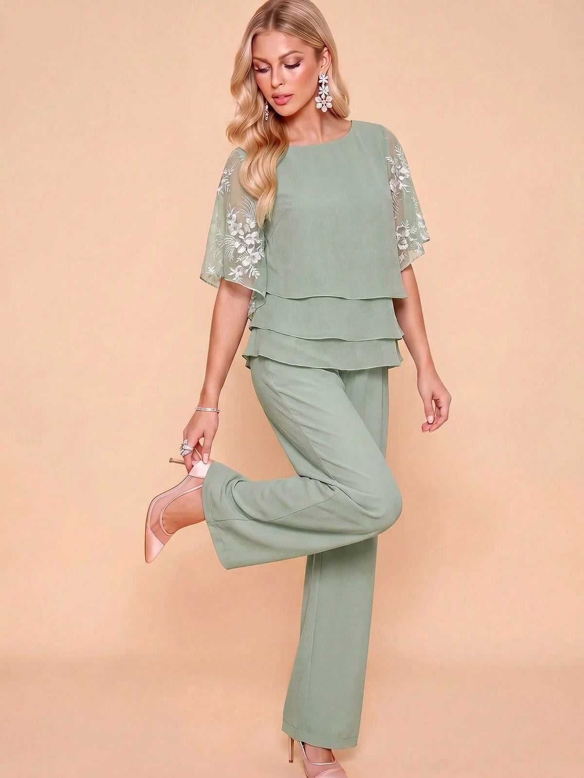 Amorya Conjunto de 2 Peças Top e Calça Elegante Romântico com Bordado Floral para Mulheres, Casamento, Festa no Jardim, Despedida de Solteira, Cerimônia de Cidadania, Verde Sálvia, Verão
