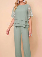 Amorya Conjunto de 2 Peças Top e Calça Elegante Romântico com Bordado Floral para Mulheres, Casamento, Festa no Jardim, Despedida de Solteira, Cerimônia de Cidadania, Verde Sálvia, Verão