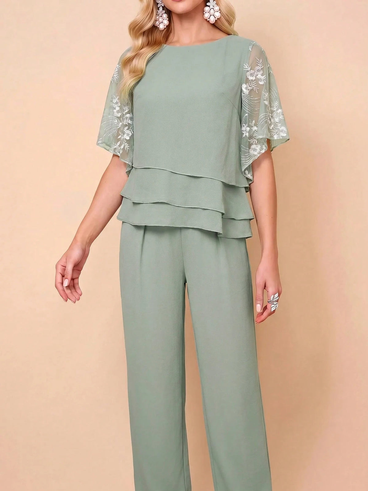 Amorya Conjunto de 2 Peças Top e Calça Elegante Romântico com Bordado Floral para Mulheres, Casamento, Festa no Jardim, Despedida de Solteira, Cerimônia de Cidadania, Verde Sálvia, Verão