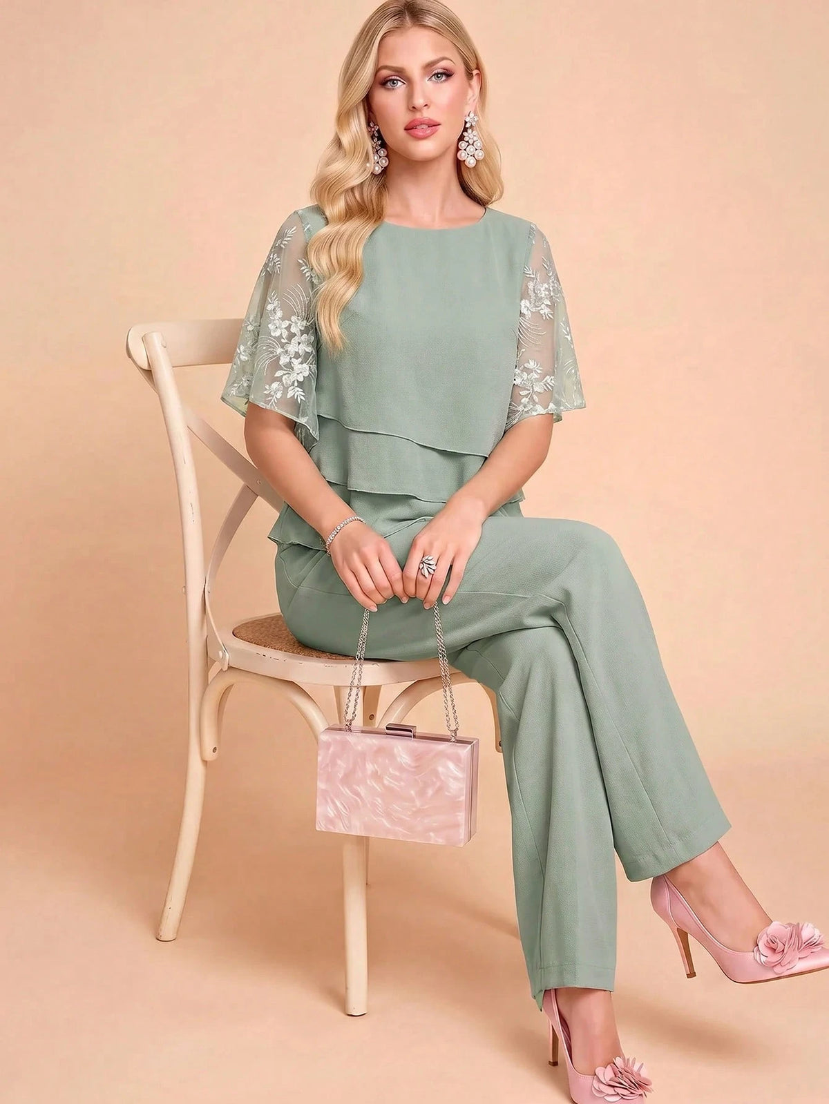 Amorya Conjunto de 2 Peças Top e Calça Elegante Romântico com Bordado Floral para Mulheres, Casamento, Festa no Jardim, Despedida de Solteira, Cerimônia de Cidadania, Verde Sálvia, Verão