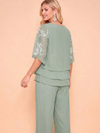 Amorya Conjunto de 2 Peças Top e Calça Elegante Romântico com Bordado Floral para Mulheres, Casamento, Festa no Jardim, Despedida de Solteira, Cerimônia de Cidadania, Verde Sálvia, Verão