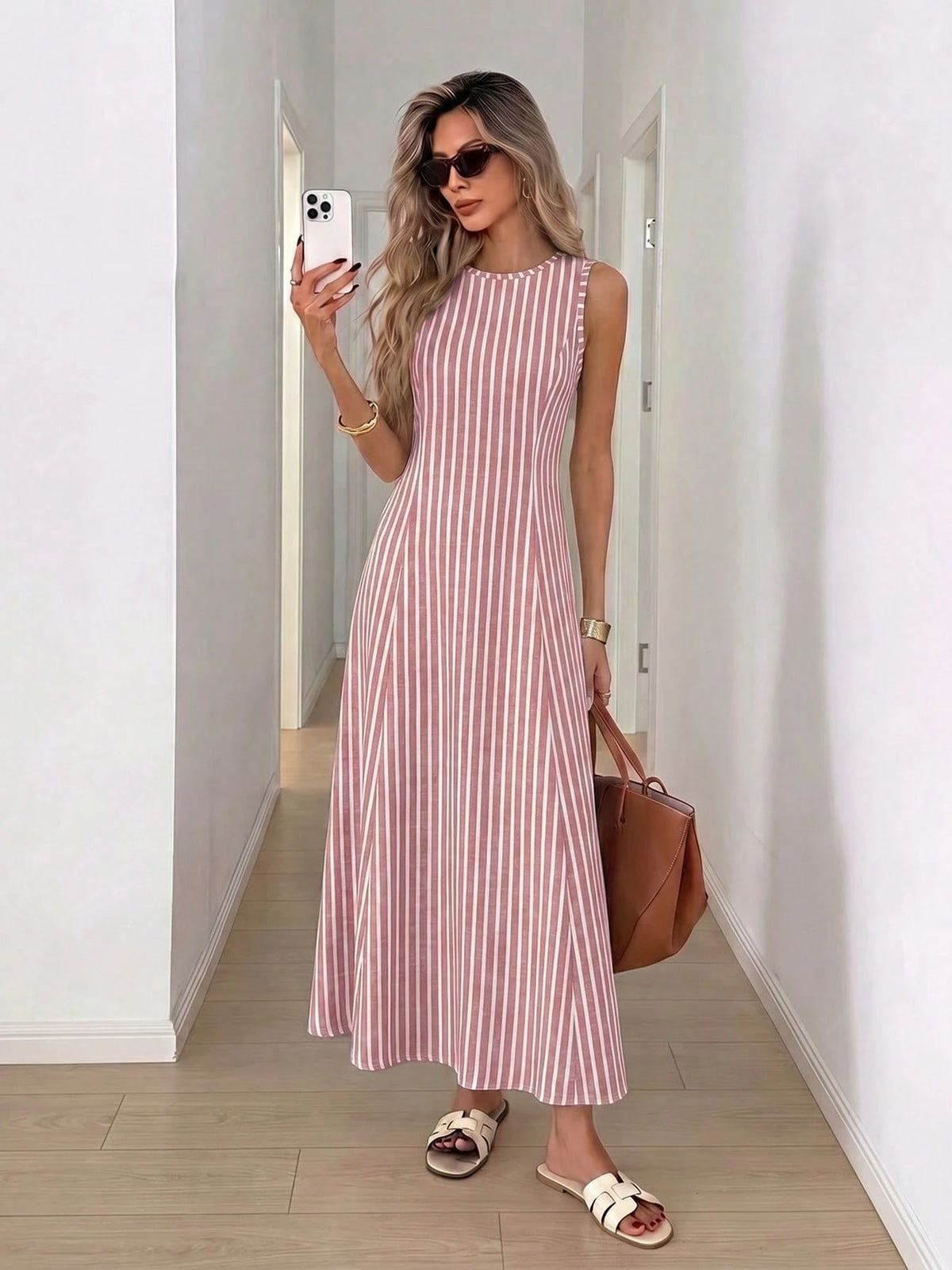 Vestido Longo Verão Listrado Sem Mangas