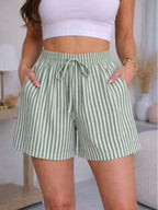 Short Feminino Listrado Cintura Alta com Cintura Elástica e Cordão