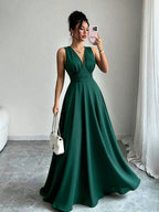 Vestido Longo Sem Manga Feminino Decote V Cintura Franzida Convidada Festa 