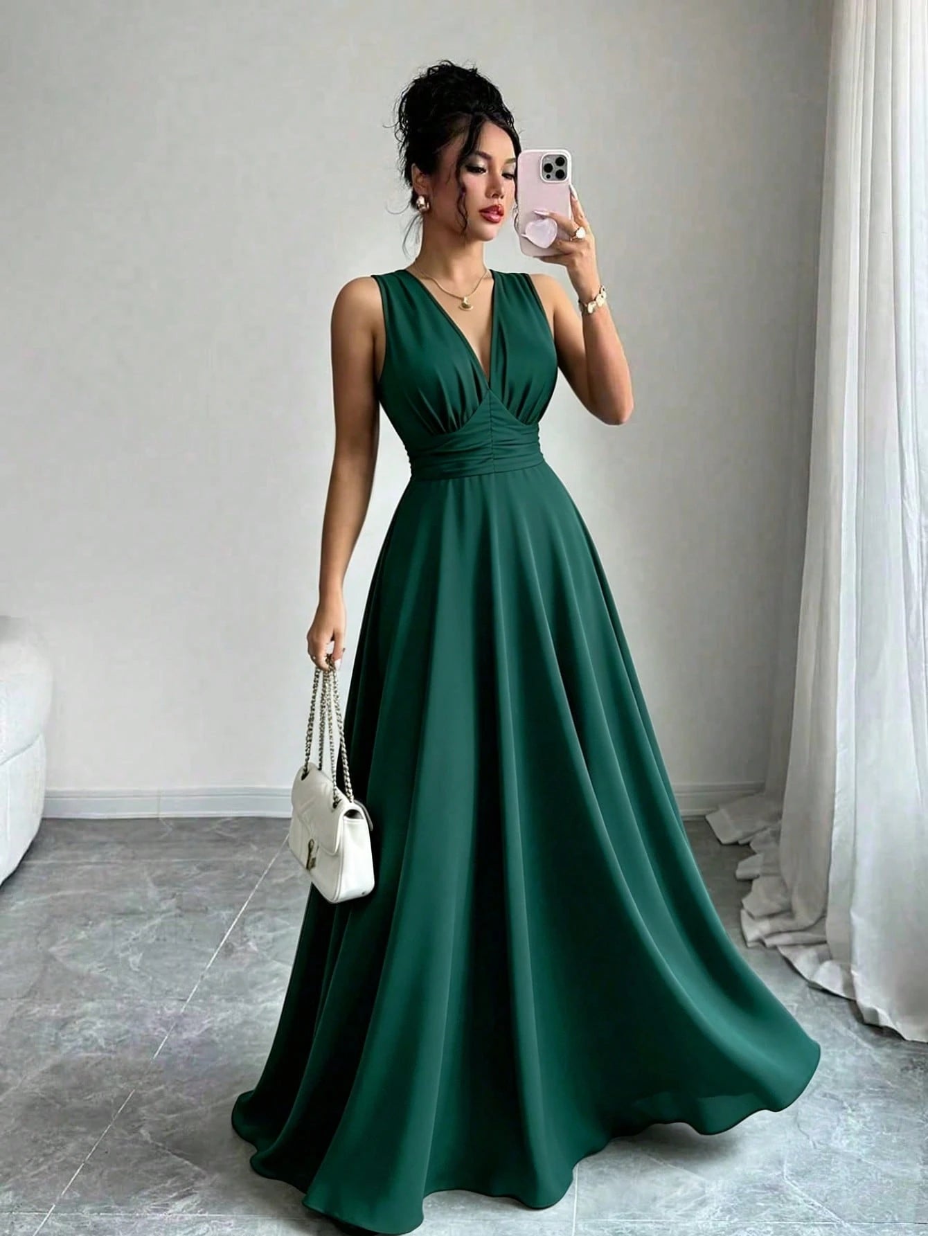 Vestido Longo Sem Manga Feminino Decote V Cintura Franzida Convidada Festa 