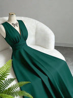 Vestido Longo Sem Manga Feminino Decote V Cintura Franzida Convidada Festa 