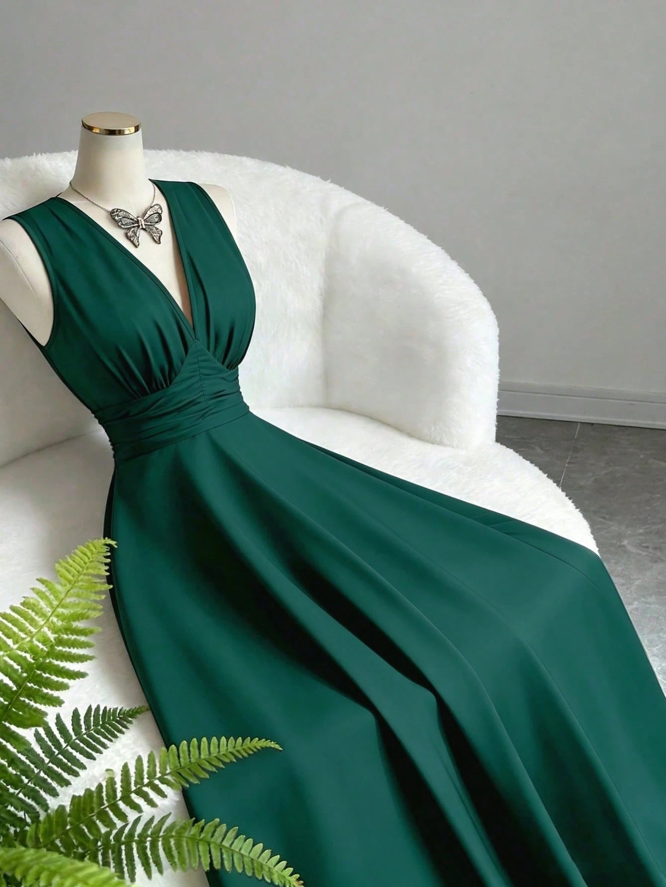 Vestido Longo Sem Manga Feminino Decote V Cintura Franzida Convidada Festa 
