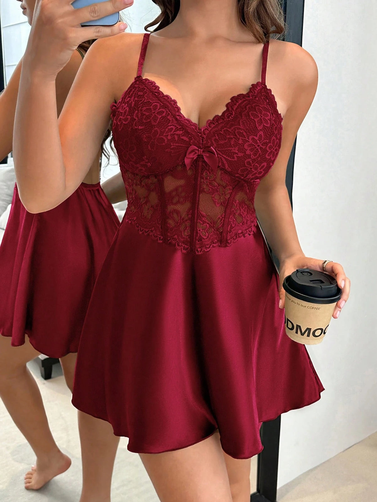 Dream Adore Vestido Slip Feminino com Decoração de Laço em Cetim Falso de Seda, Renda e Espinha de Peixe, Sexy e Maduro