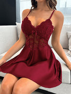 Dream Adore Vestido Slip Feminino com Decoração de Laço em Cetim Falso de Seda, Renda e Espinha de Peixe, Sexy e Maduro