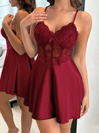 Dream Adore Vestido Slip Feminino com Decoração de Laço em Cetim Falso de Seda, Renda e Espinha de Peixe, Sexy e Maduro