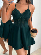 Dream Adore Vestido Slip Feminino com Decoração de Laço em Cetim Falso de Seda, Renda e Espinha de Peixe, Sexy e Maduro