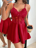 Dream Adore Vestido Slip Feminino com Decoração de Laço em Cetim Falso de Seda, Renda e Espinha de Peixe, Sexy e Maduro