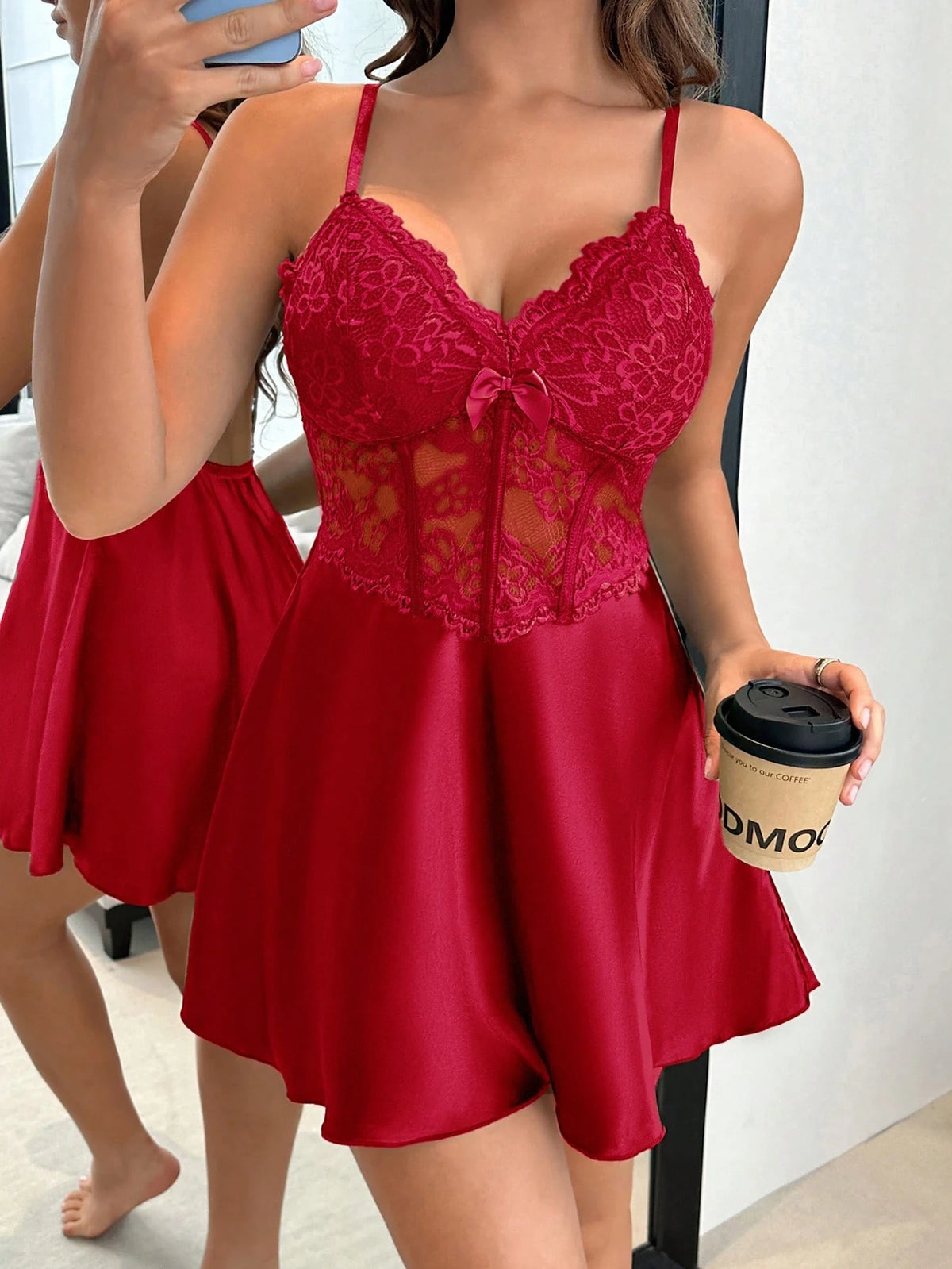 Dream Adore Vestido Slip Feminino com Decoração de Laço em Cetim Falso de Seda, Renda e Espinha de Peixe, Sexy e Maduro