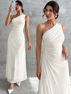 Vestido Longo Feminino Um Ombro Só Forrado Elegante Para Convidada