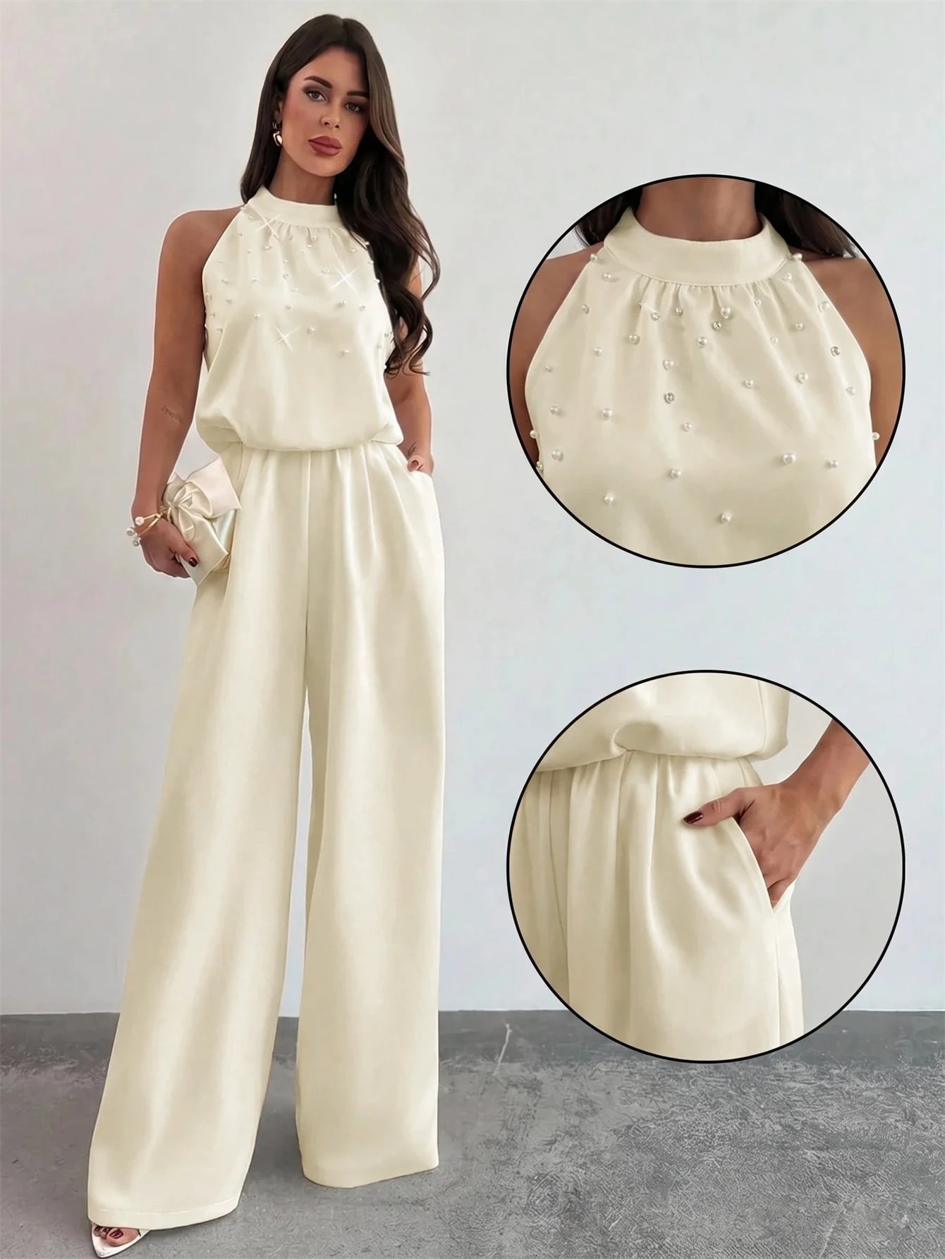 Macacão Feminino Elegante Pantalona Gola Princesa com Pérolas