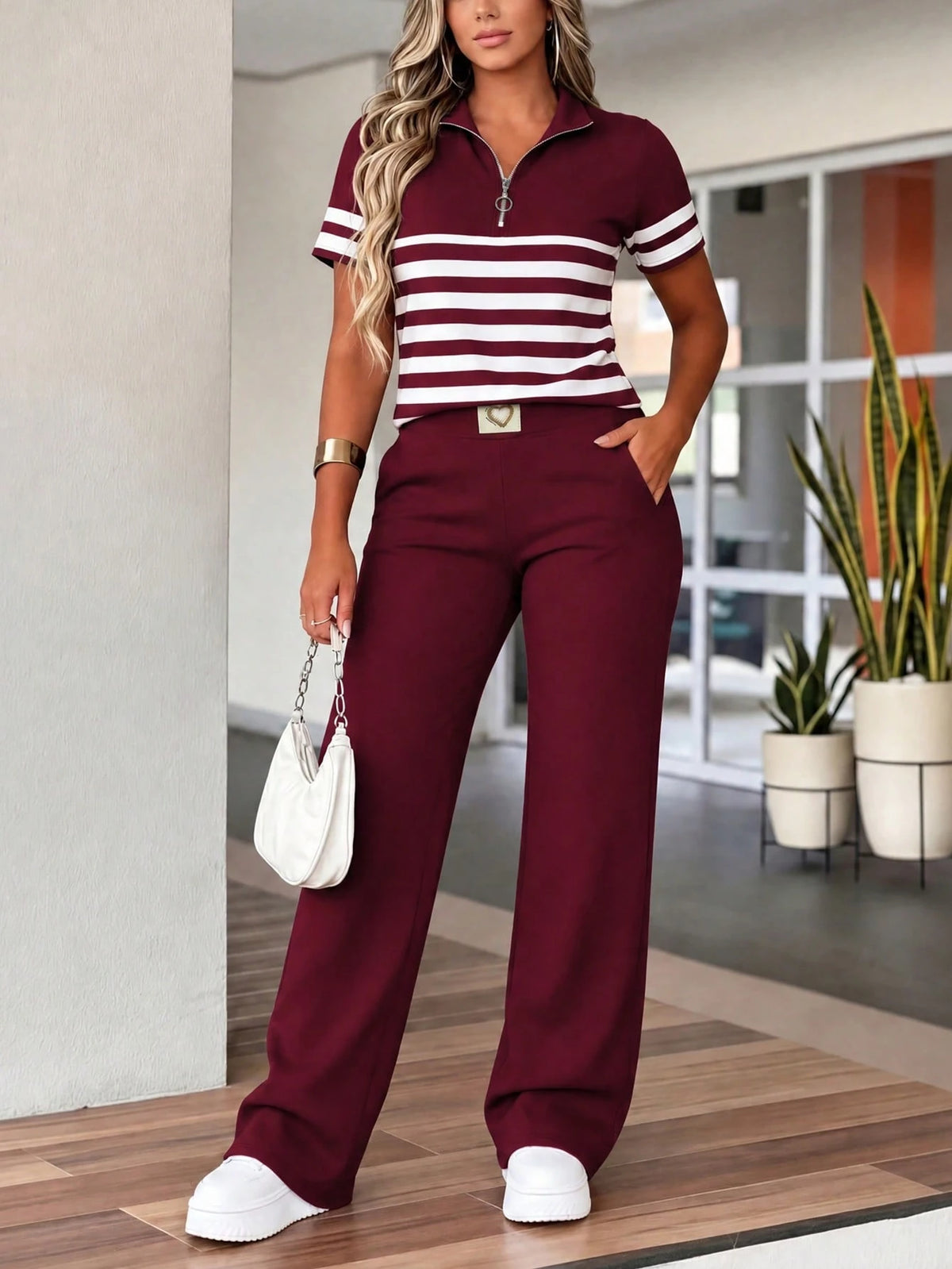 Conjunto Feminino Aerolook Blusa Listrada e Calça com Bolso